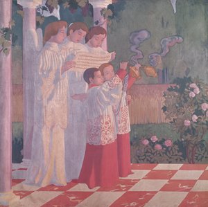 Exaltación de la Santa Cruz y la glorificación de la misa, lado izquierdo del panel central de un retablo de la Capilla del Colegio Sainte-Croix du Vesinet de Maurice Denis